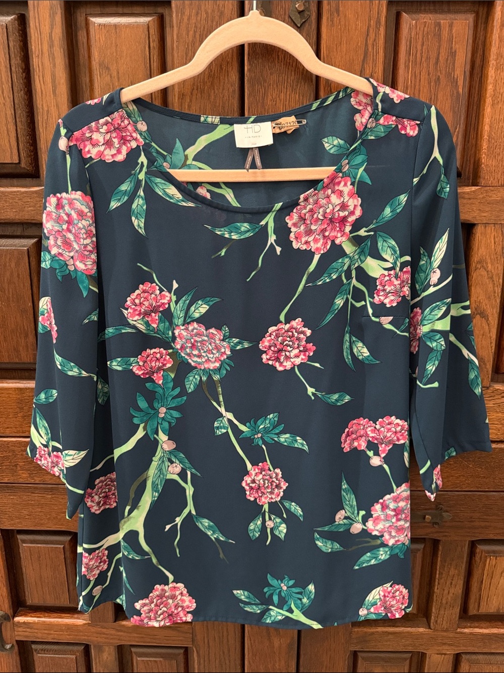 HD in Paris Navy Blouse with Pink Floral Print